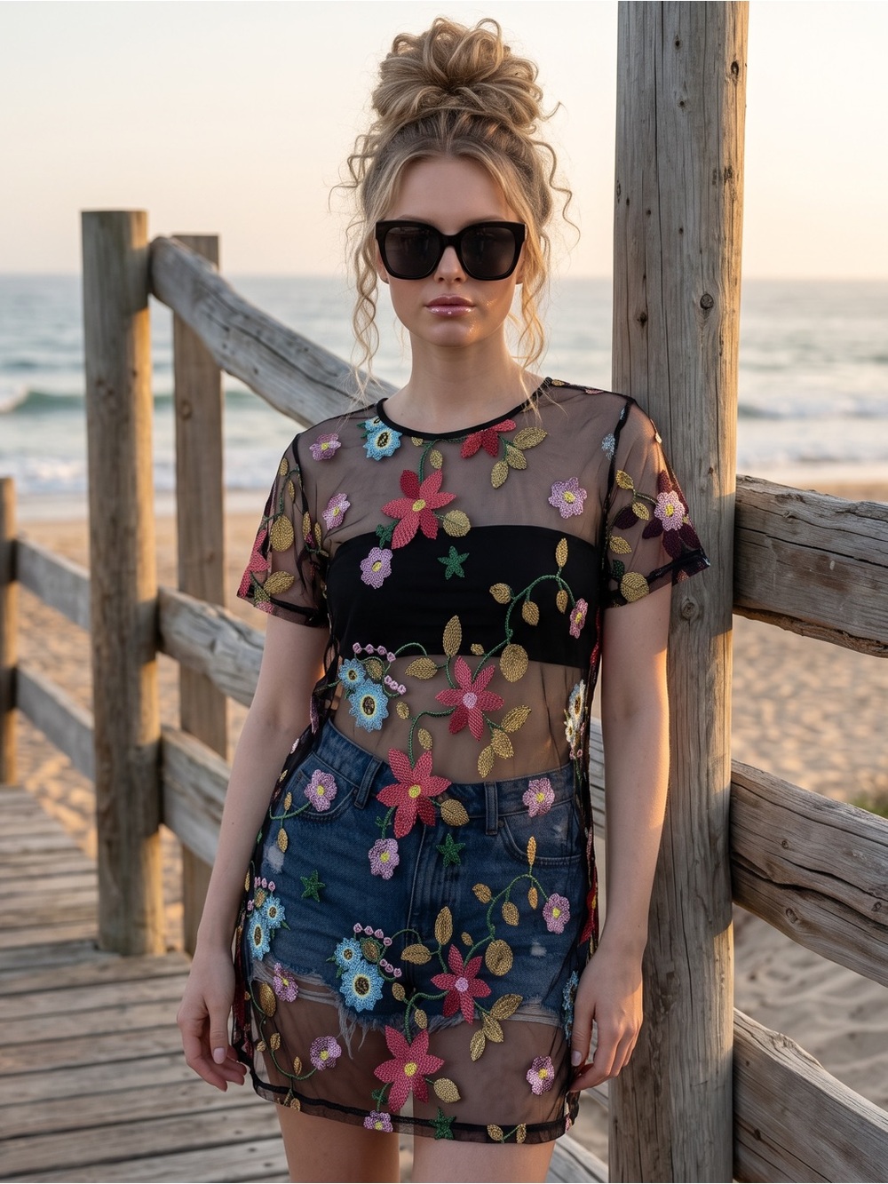 SHEIN Floral Embroidered Sheer Mesh Tunic M NEW